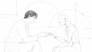 モノクロの線画で描かれた人間とアンドロイドが向き合う静かな構図のイラスト