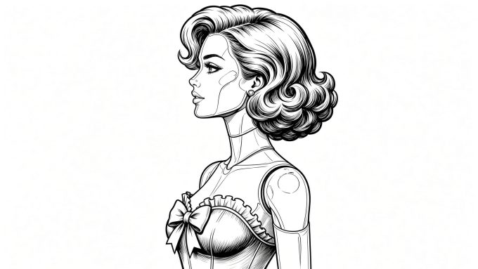 モノクロの線画、50年代風の人形のような女性型アンドロイドの横顔